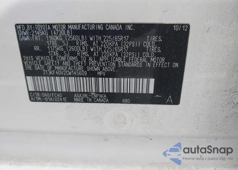 2012 Toyota Rav4 from USA, damaged, VIN 2T3KF4DV2CW145609
